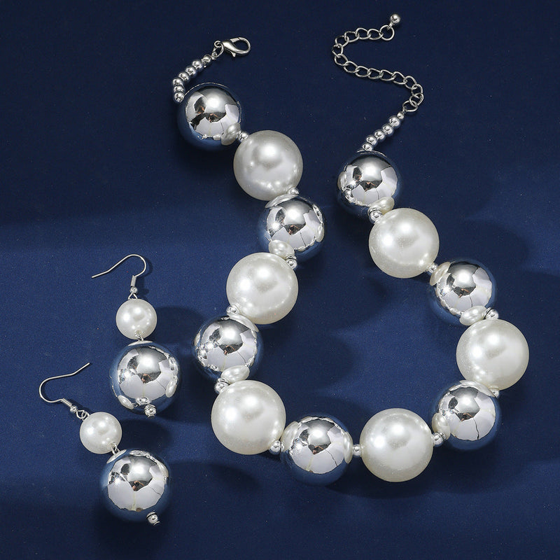 Exaggerated Multi-Layer Pearl Pendant Earring and Necklace Set