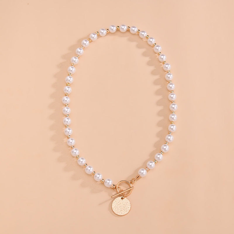 Pearl Necklace Beaded Coin Pendant Women