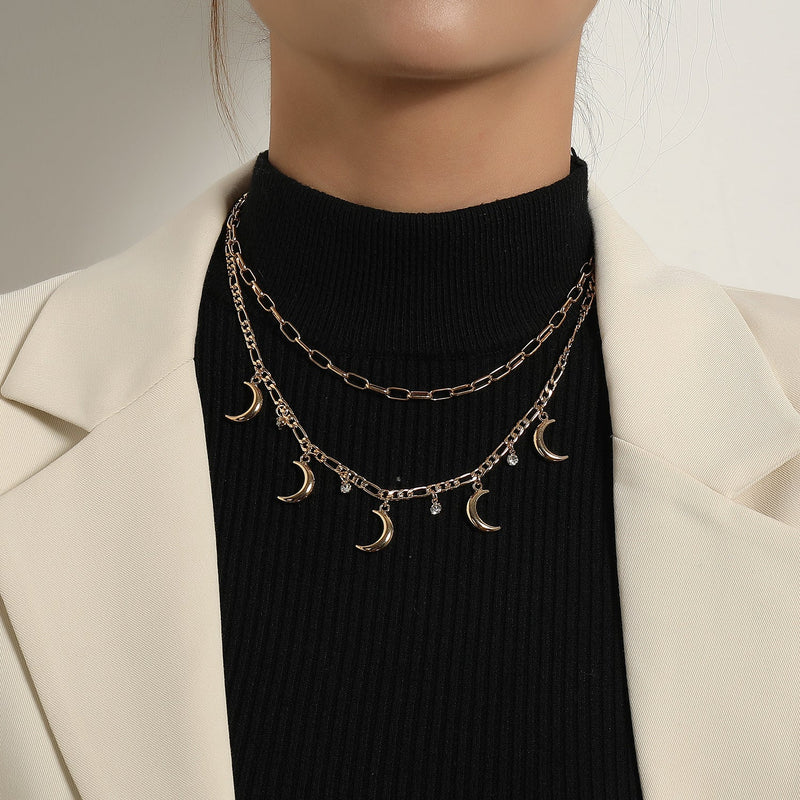 Vintage Jewelry Multi Moon Charm Layered Chain Necklace