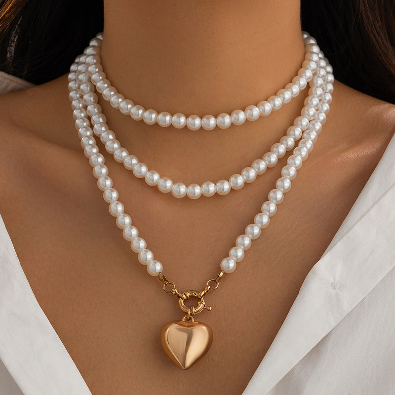 Imitation Pearl Multilayer Choker Necklace for Women Elegant Heart Pendant Necklace