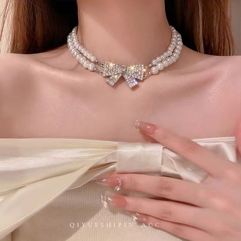 Full Stone Baroque Pearl Double-layer Bow Pendant Necklace