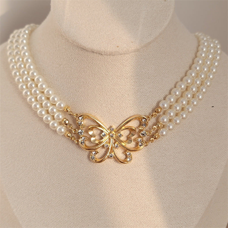 Vintage Multi Layers Pearl Necklace butterfly wings