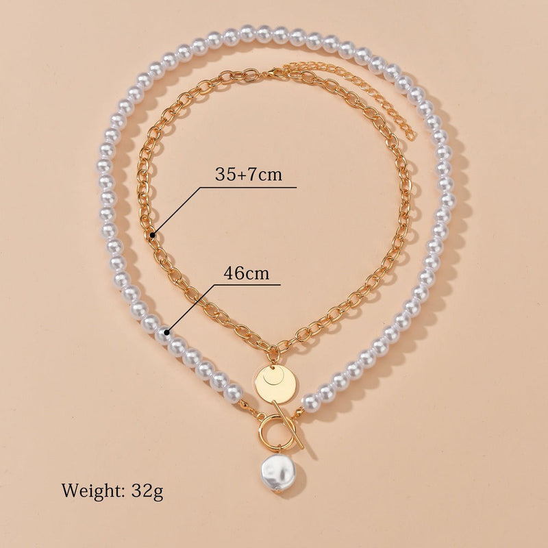 Double Layers Baroque Pearl Necklace Vintage Coin Pendant