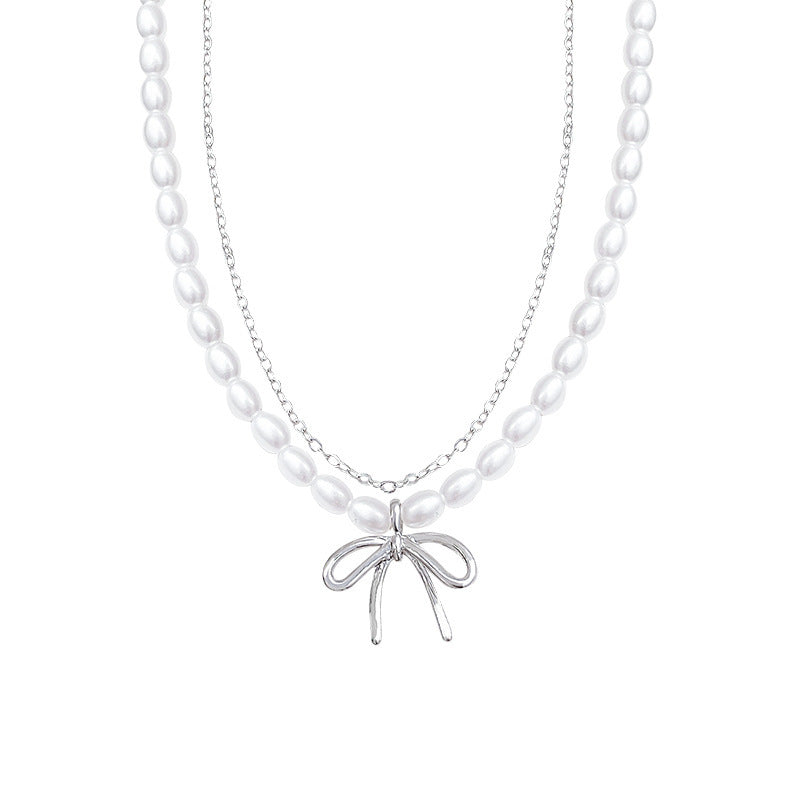 Double Layer Pearl Necklace Women Bow Necklace