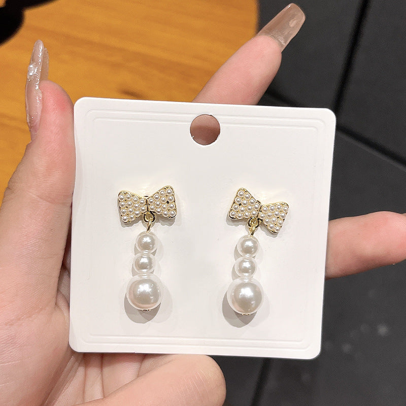 Long Tassel Pearl Bow Earrings