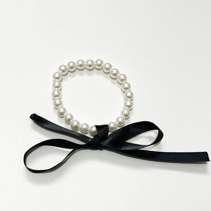 White Imitation Pearl Choker Necklace Women Long Black Ribbon