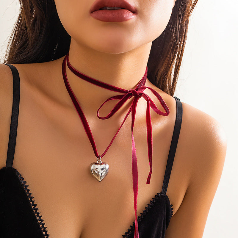 Double Layer Pink Lace Chain Metal Heart Pendant Choker Necklace