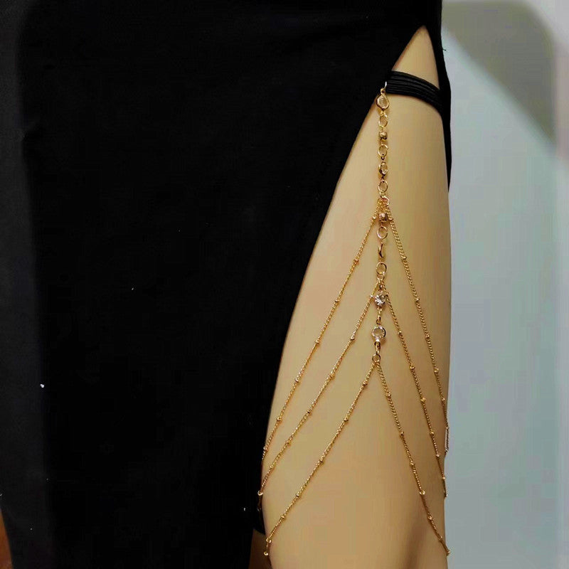 Sexy Multilayer Bead Chain Rhinestone Tassel Adjustable Elastic Thigh Chain