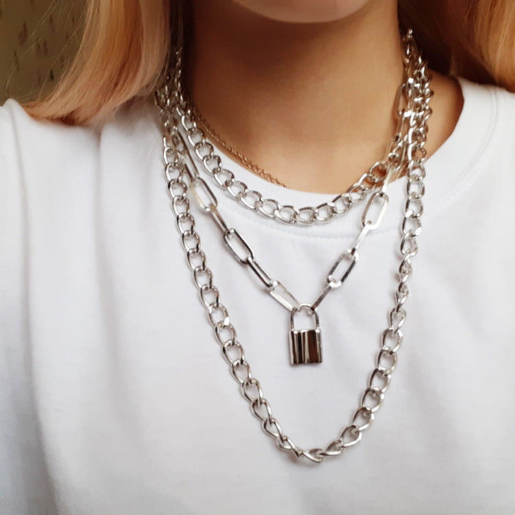 Layered Chain Necklace Neck Chains Lock Pendant Jewelry
