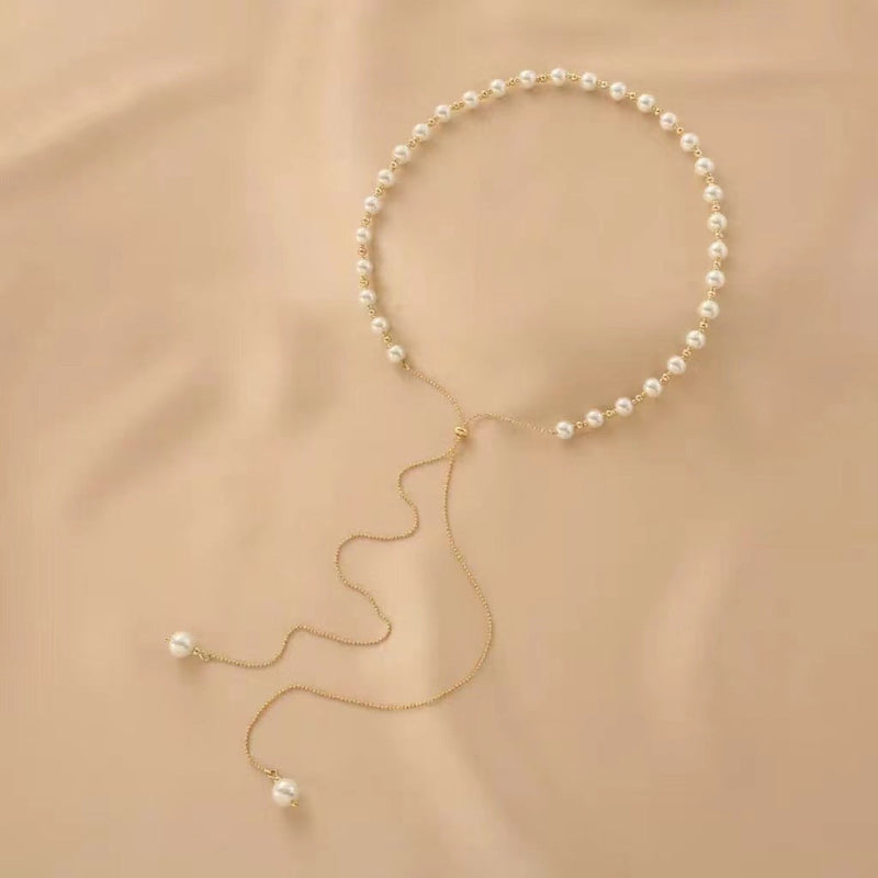 Women Tassel Plain Pearl Single Layer Beaded Necklace