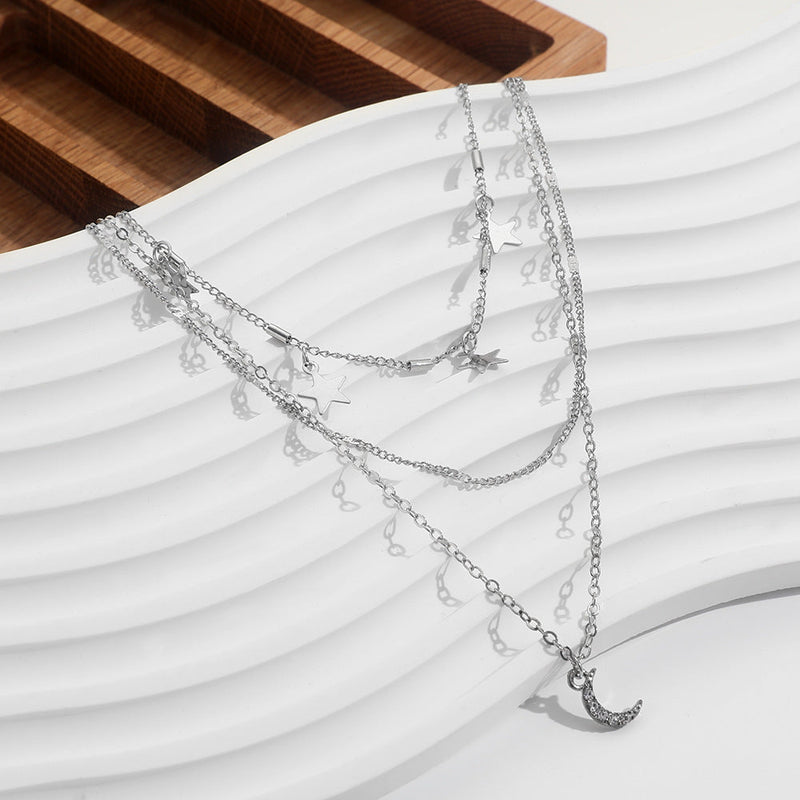 Multi-layer Star Pentagram Tassel Moon Pendant Chain Necklace