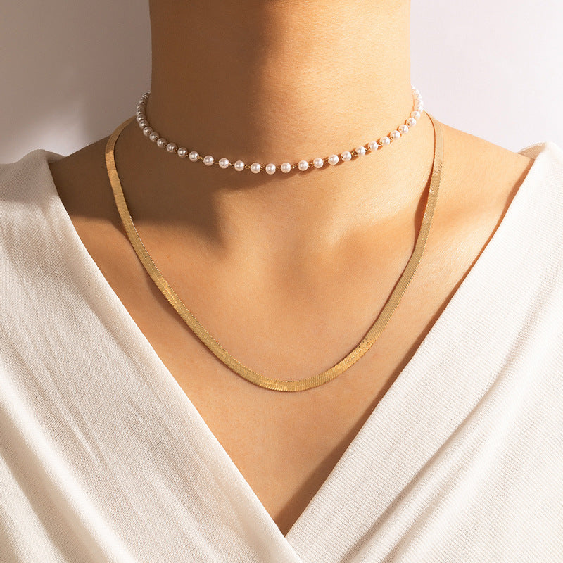 Multilayer Pearl Flat Blade Chain Choker Necklace