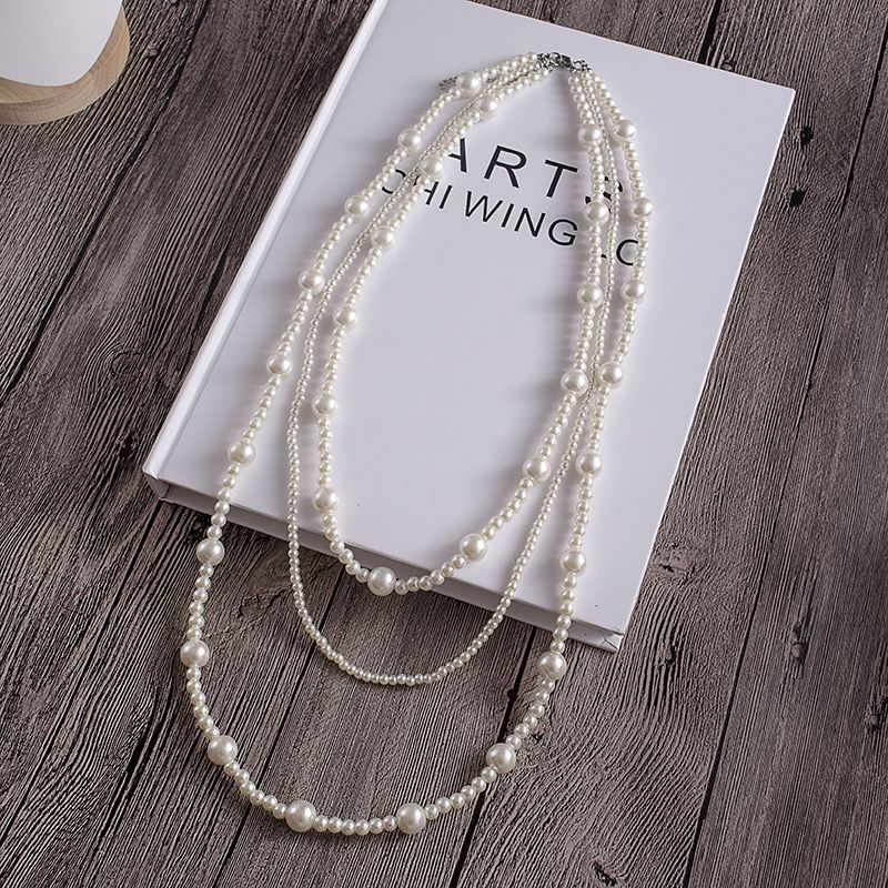 Round Glass Pearl Layer Necklace Vintage Beaded Sweater Chain