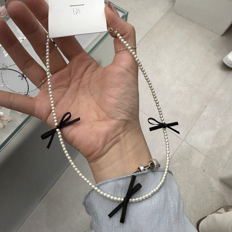Faux Pearl Necklace Fashion Jewelry Sweet Girls Ribbon Bow Choker