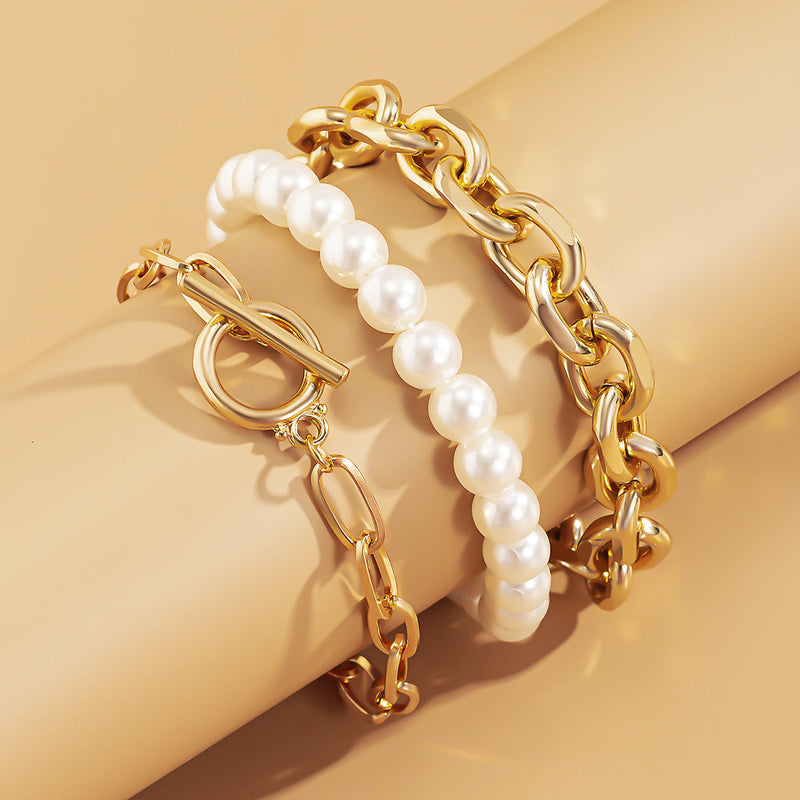Women Pearl Bead Chunky Chain Bracelet Set