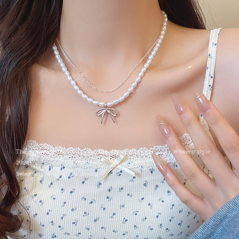Double Layer Pearl Necklace Women Bow Necklace