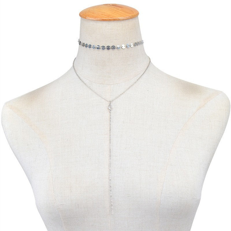 Layer Chain Long Necklace Crystal Pendant