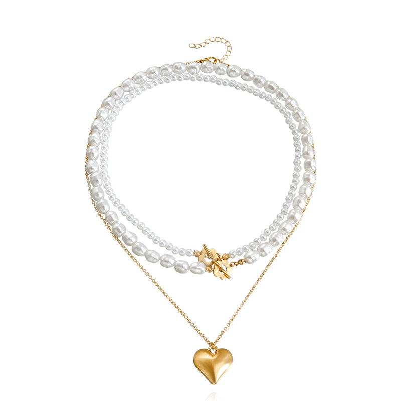 Multi-layer Pearl Necklace Exaggerated Double Layer Gold Heart Pendant Necklace