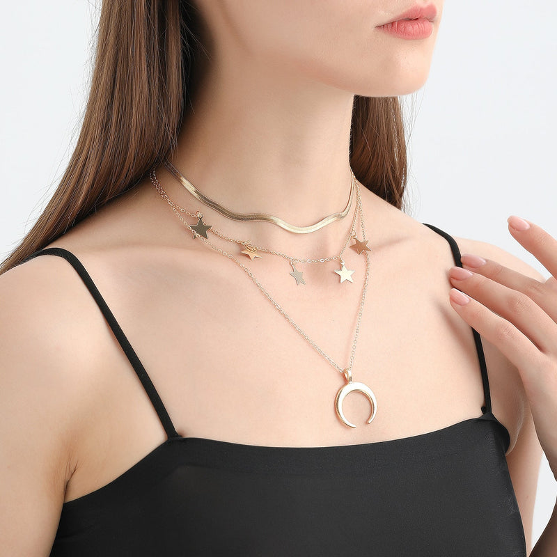 Geometry Star Moon Pendant Multilayer Chain Choker Necklace