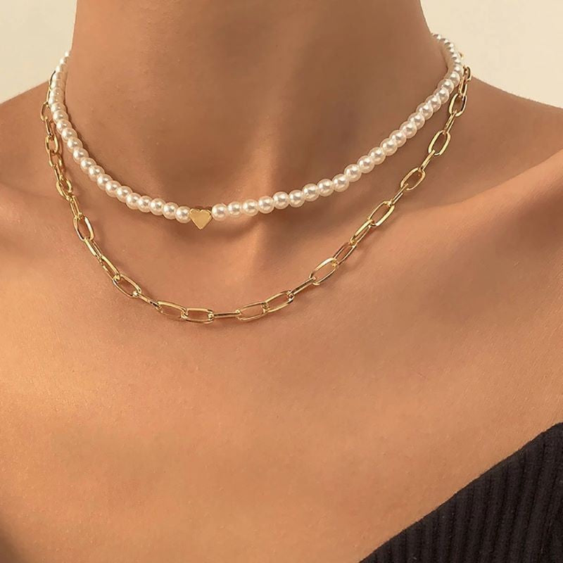 Pearl love Necklace Double Layer