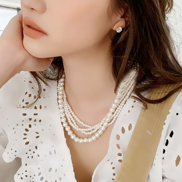 Multi-Layer Braided White Pearl Statement Necklace Chains Choker Collar