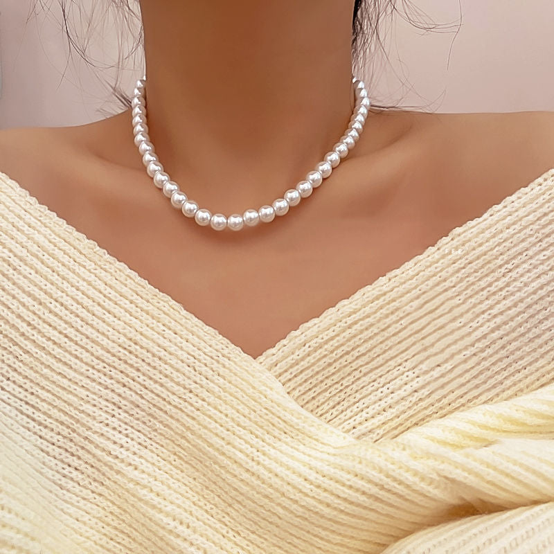 4mm 6mm 8mm 10mm 12mm 14mm White Glass Pearl Necklace for Women
