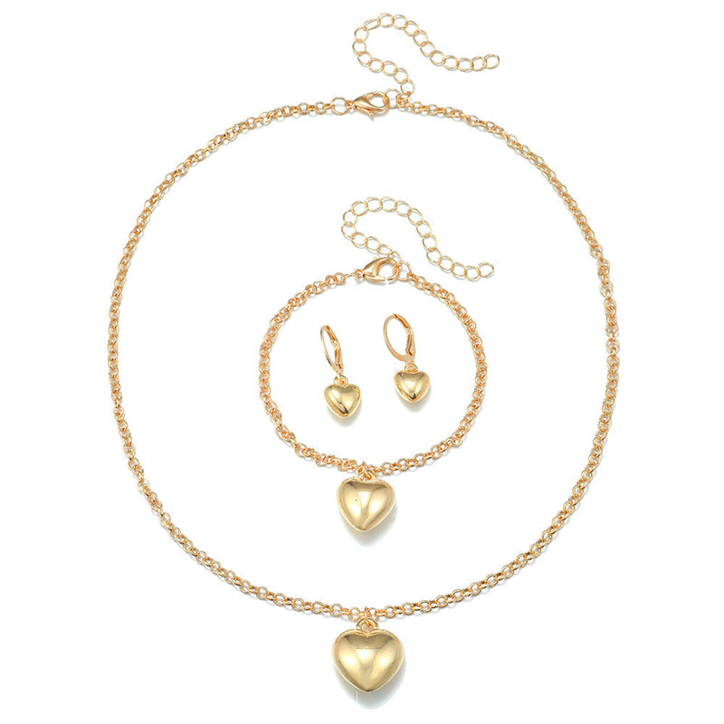 Women Heart Pendant Necklace Earring Bracelet Set