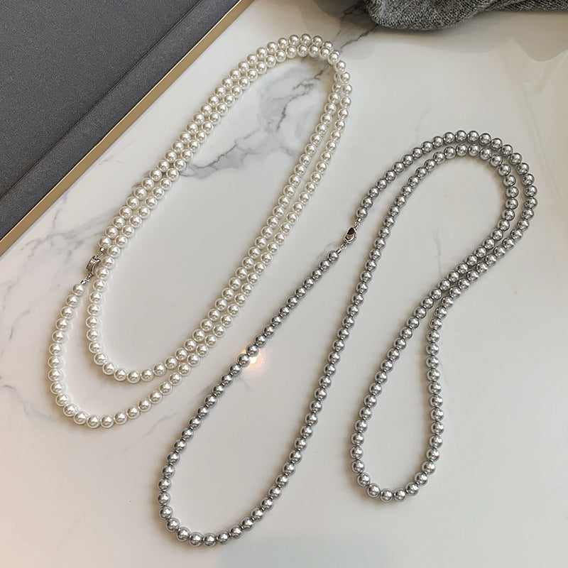 Long Gray Glass Pearl Vintage Charm Necklace