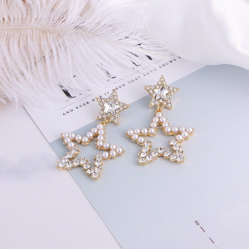Hollow Pearl Double Star Earrings