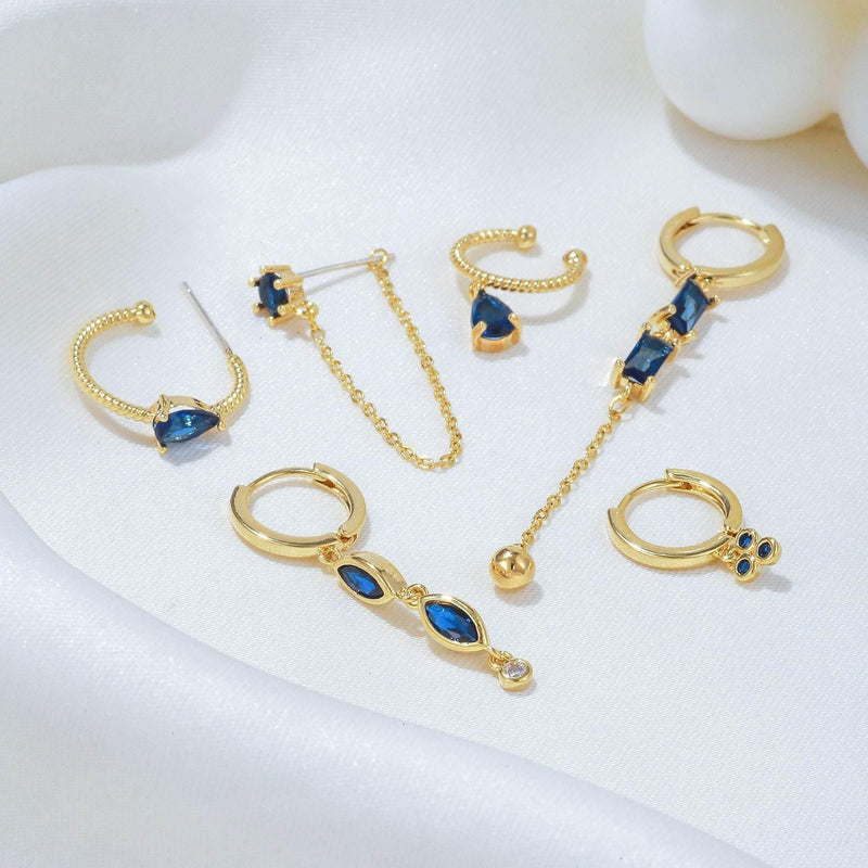 Stacking 6 Pieces Long Tassel Vintage Earring Set with Micro-Pavé Dazzling Blue Zircons, 18k Gold Plated Ear Studs & Ear Drops, S925 Needle, Stacked Lobe Designs with Dazzling Zirconia