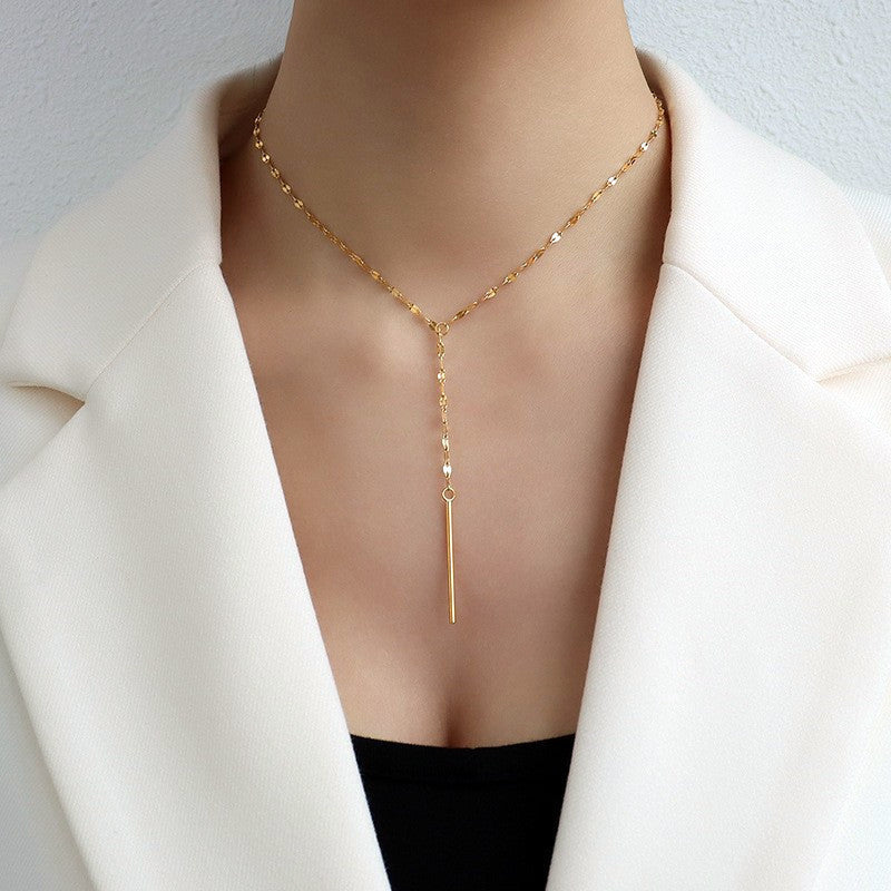 Square Geometric Bar Pendant Long Chain Tassel Necklace