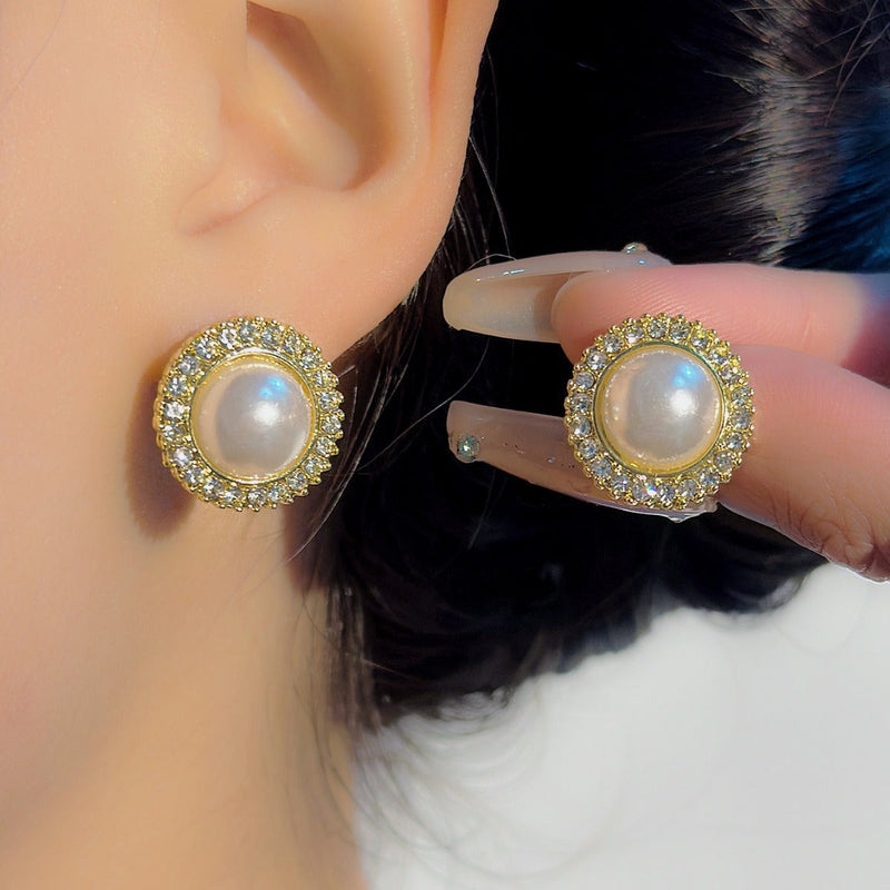 Elegant Round Rhinestone Pearl Stud Earrings