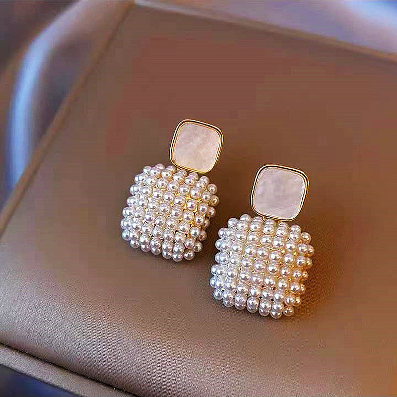 Simple White Square Pearl Pendant Earrings