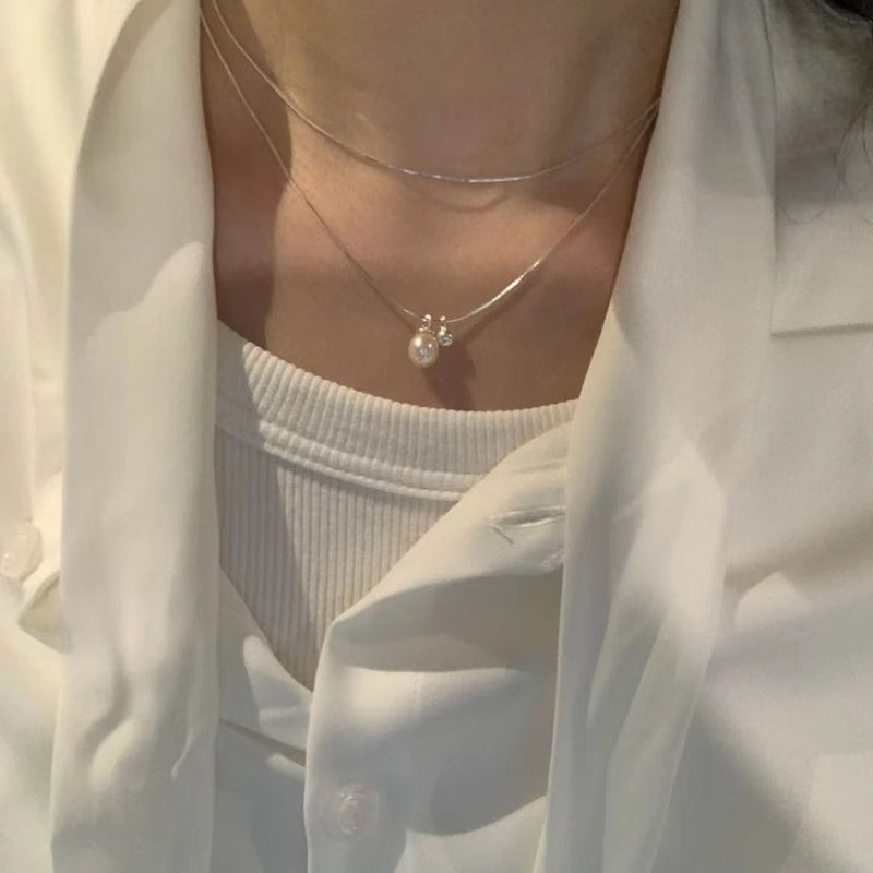 Vintage Pearl Bead Pendant Double-Layer Snake Chain Necklace