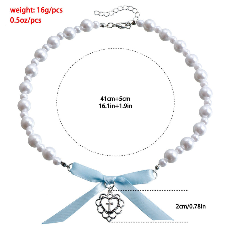 Trendy Heart with Cross Imitation Pearl Ribbon Bow Choker