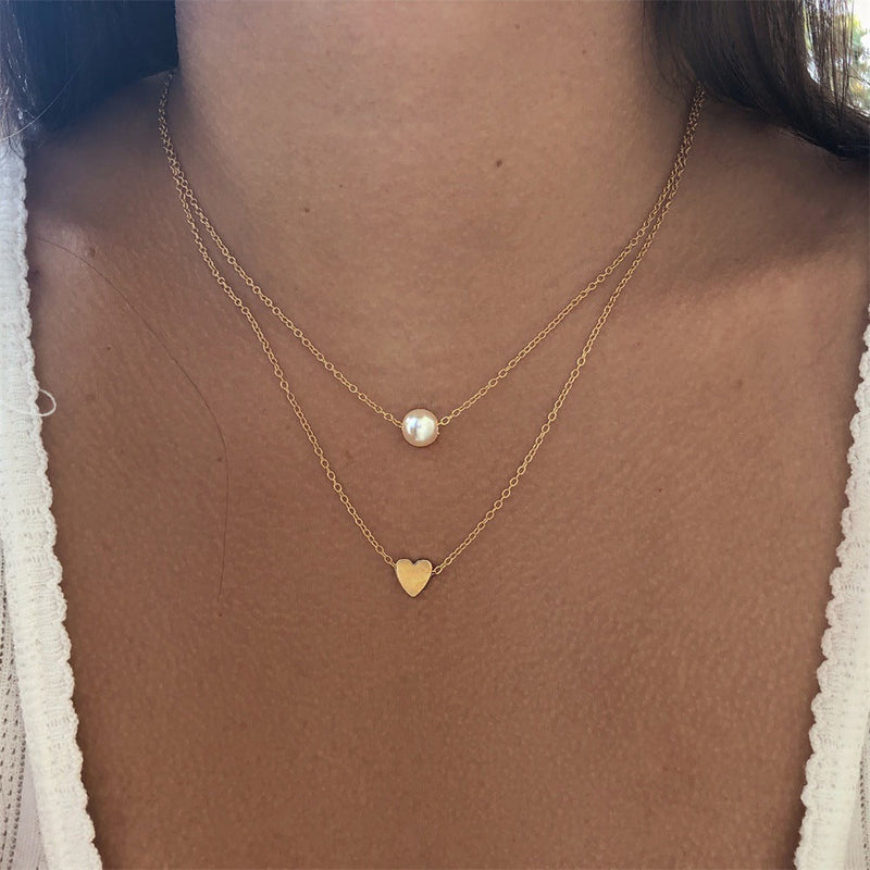 Sweet Double Layer White Pearl Heart Pendant Chain Necklace