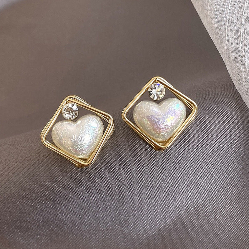 Geometric Rhinestone Pearl Stud Earrings