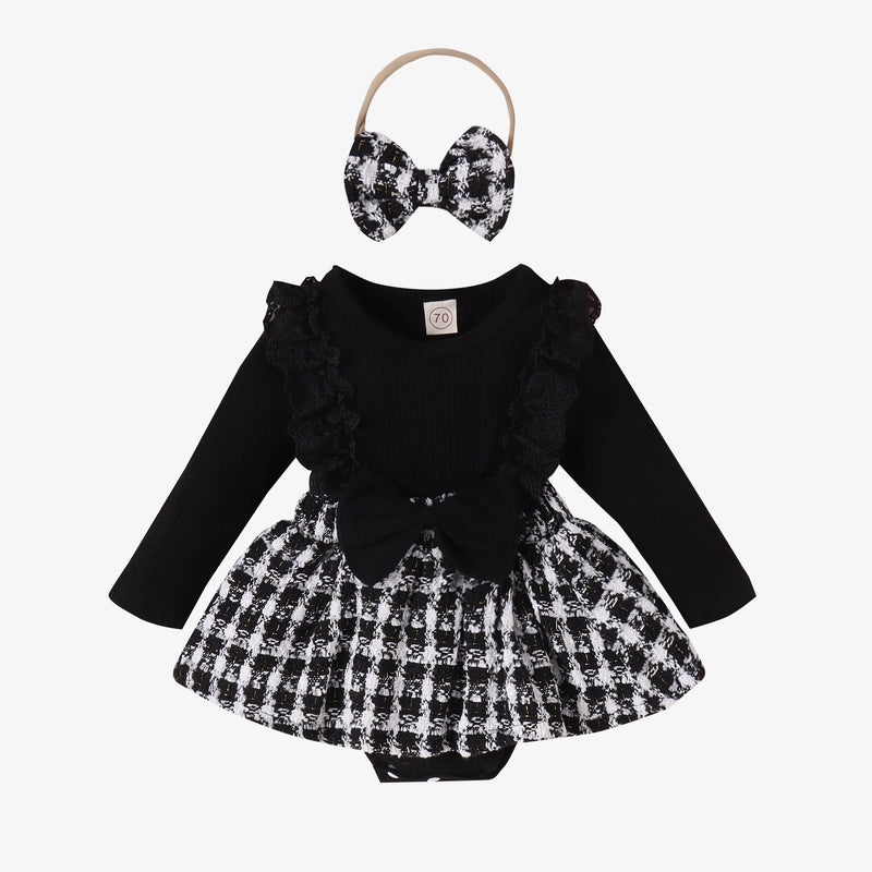 Long Sleeve Stitching Woven Style Plaid Skirt Bow Romper