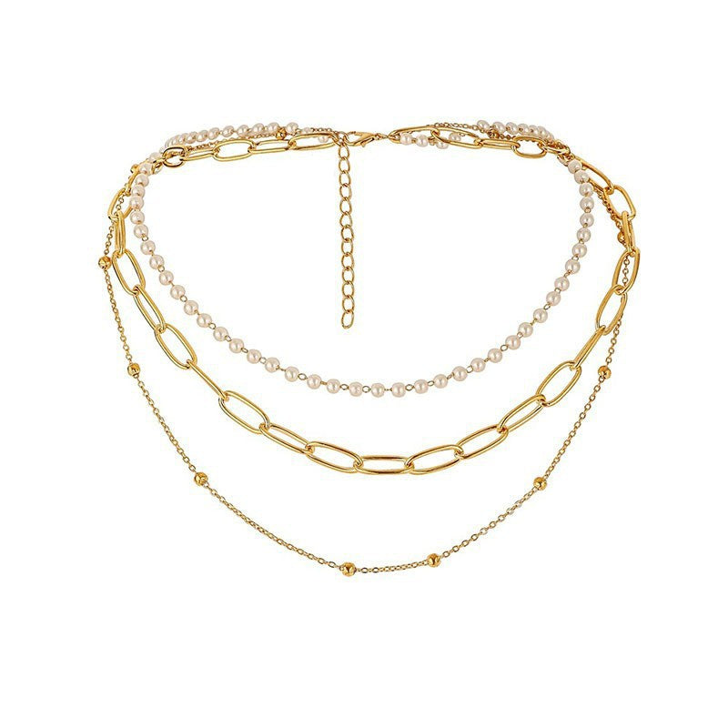 Multilayered Pearl Paperclip/box Link Chain Layered Necklace