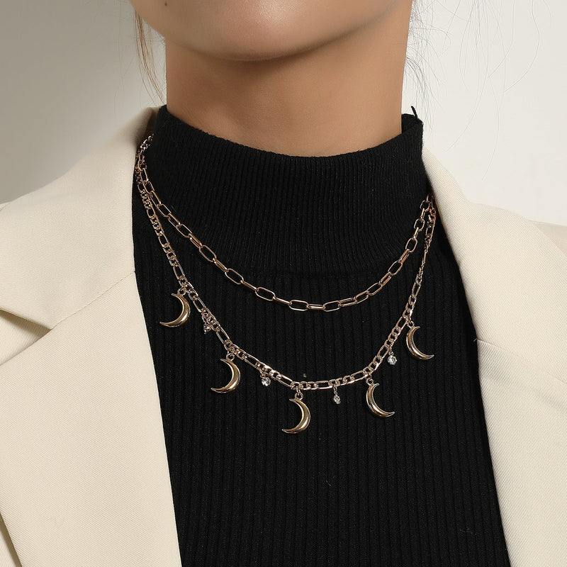 Vintage Jewelry Multi Moon Charm Layered Chain Necklace