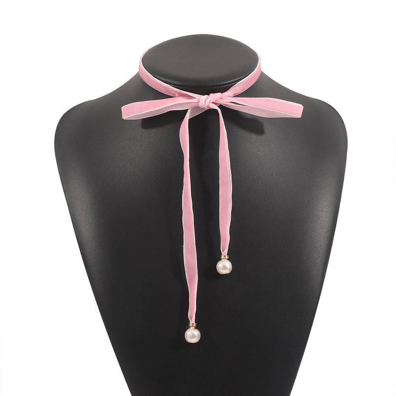 Women Velvet Pearl Bow Choker Simple Long Lace up Necklace