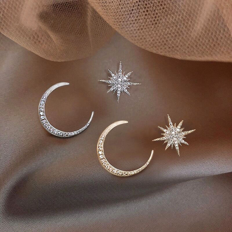 Crescent Moon Shooting Star Jewelry Stud Earrings