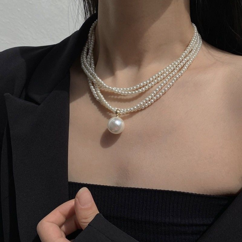 Imitation Pearl Choker Necklace Vintage Multi Strands Pearl Pendant Necklace
