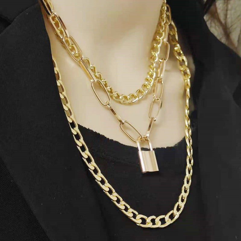 Layered Chain Necklace Neck Chains Lock Pendant Jewelry