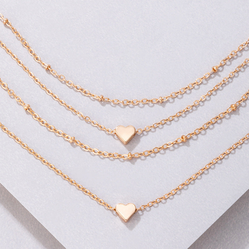 Multi Layer Clavicle Chain Peach Heart Pendant Necklace Jewelry Set