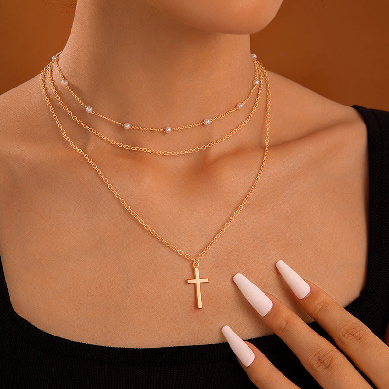 Multi-Layer Chain Pearl Cross Necklace