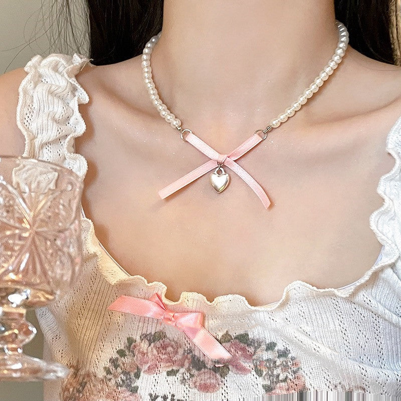 Pink Bow Love Cross Pearl Necklace Chain Collar