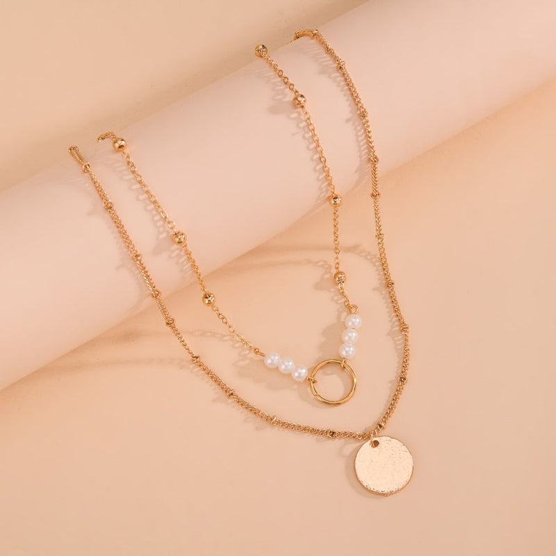 Layered Disc Pearl Pendant Necklace