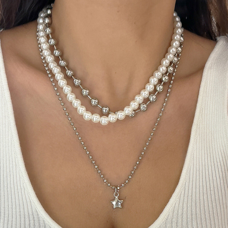 Punk Sweet Cool Multi-layer Pearl Beaded Necklace Star Pendant