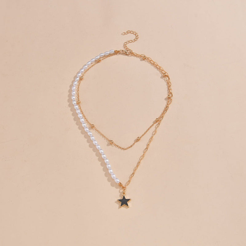 Double Layer Pearl Paperclip Chain Star Pendant Necklace Jewelry